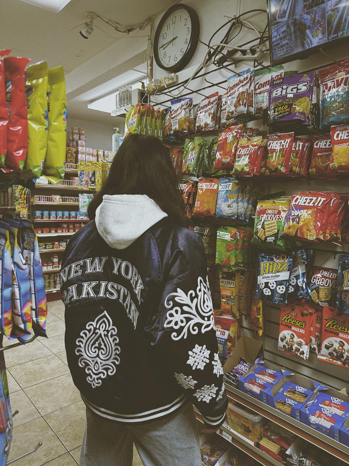 NY "Diaspora Yanks" Satin Baseball Jacket: Navy