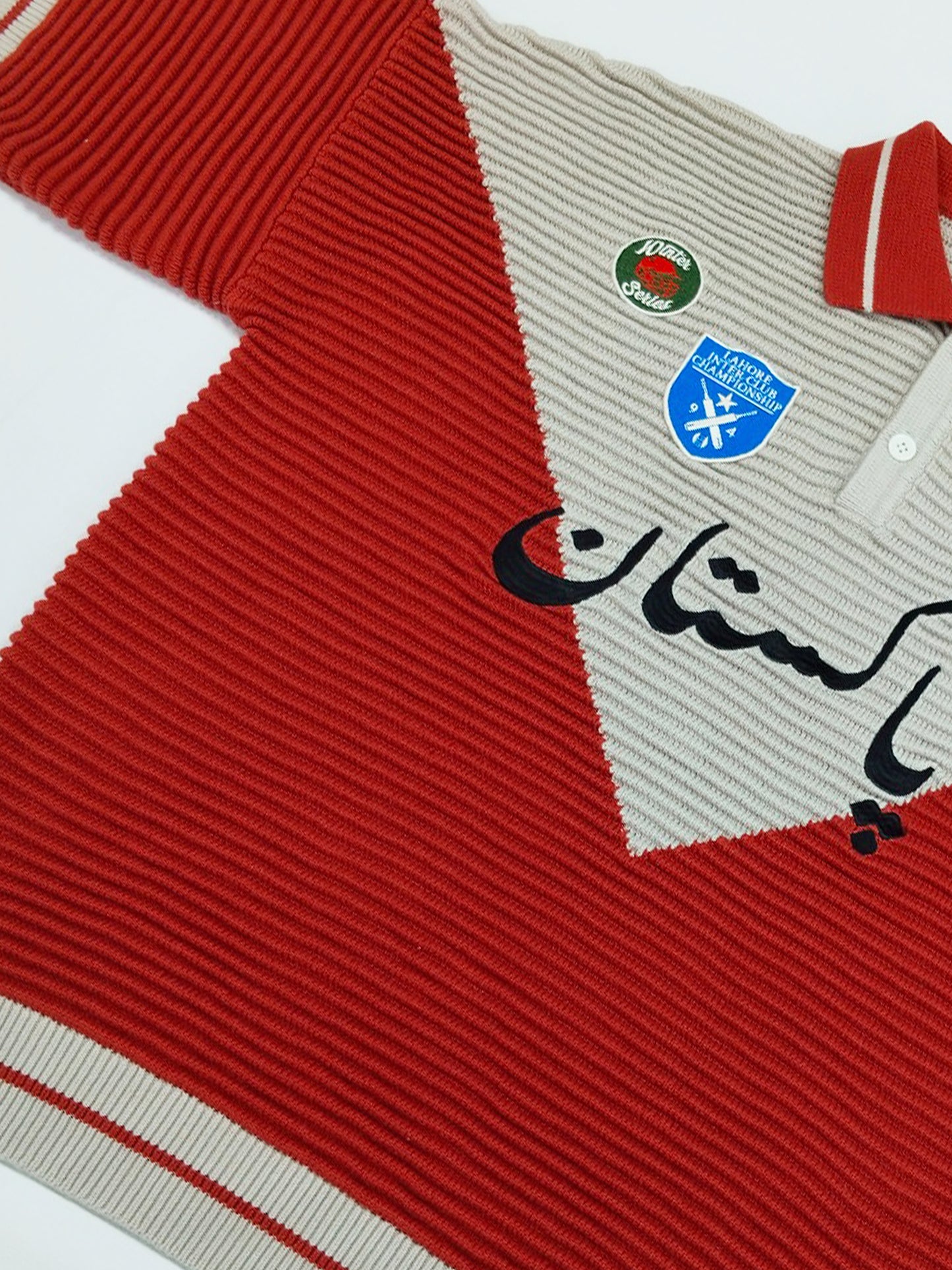 Club Patchwork Textured Knit Cricket Jersey: Red/Cream
