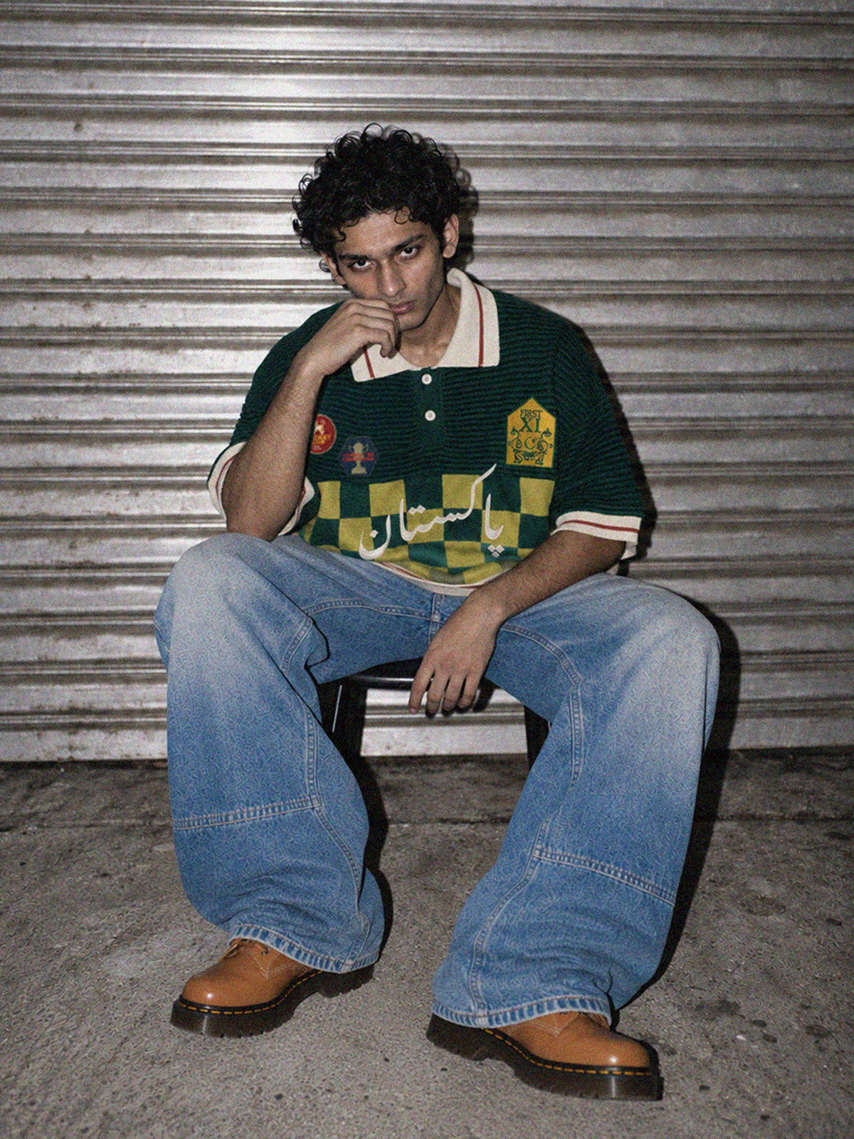 Club Patchwork Textured Knit Cricket Jersey: Green Checkered