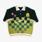 Club Patchwork Textured Knit Cricket Jersey: Green Checkered