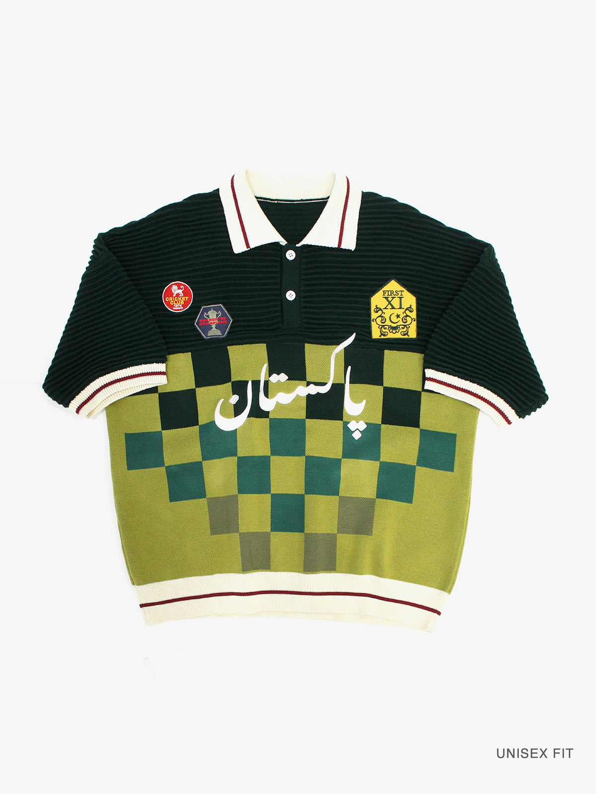 Club Patchwork Textured Knit Cricket Jersey: Green Checkered