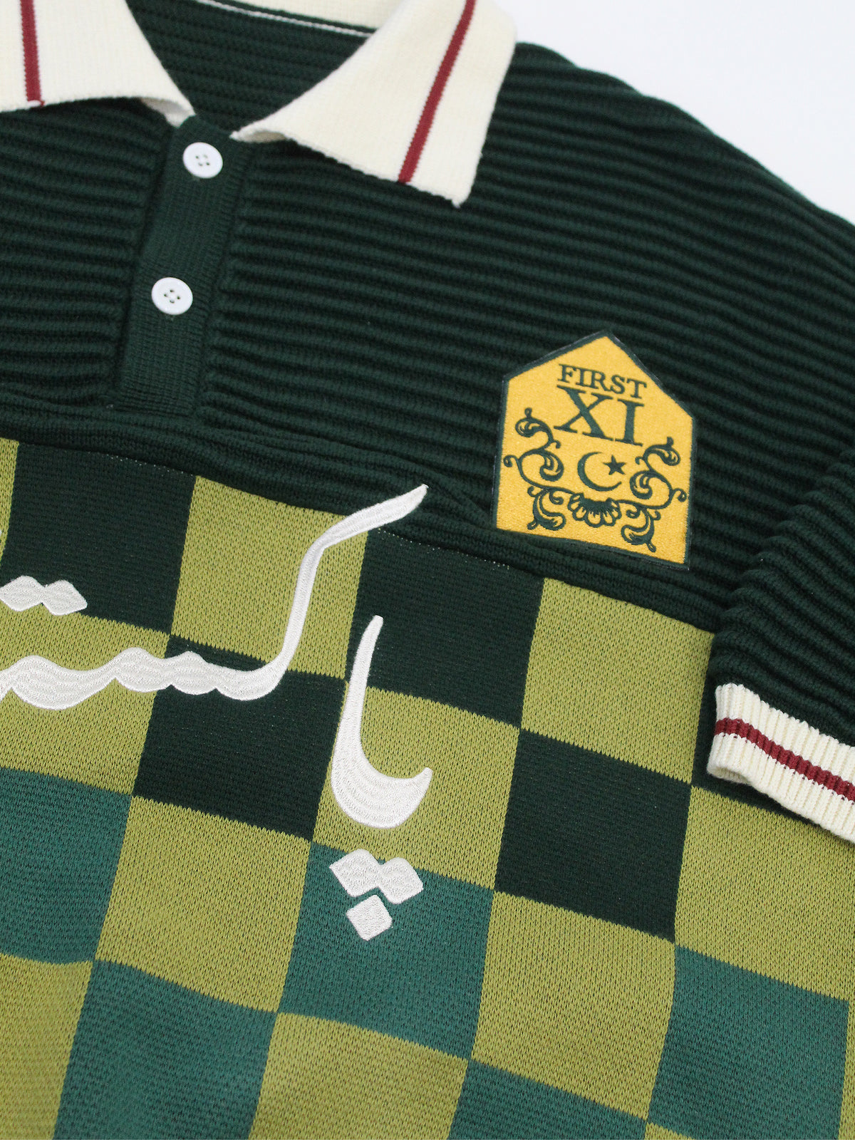 Club Patchwork Textured Knit Cricket Jersey: Green Checkered