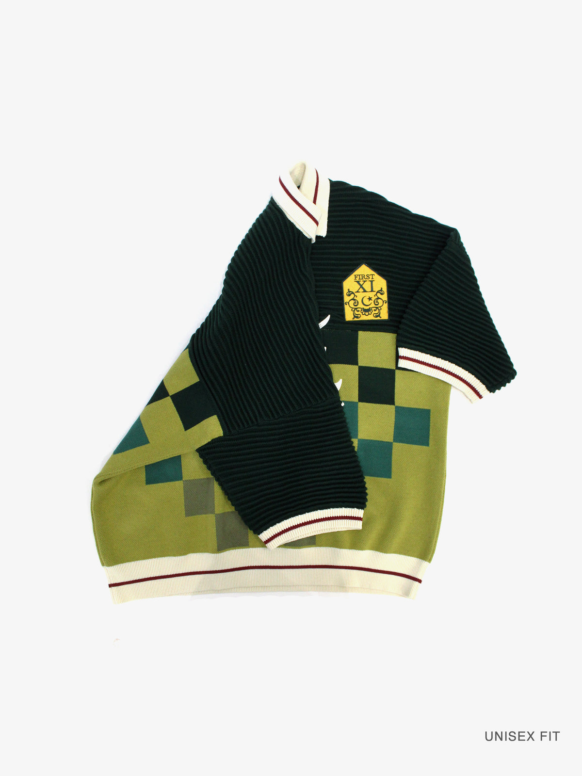 Club Patchwork Textured Knit Cricket Jersey: Green Checkered