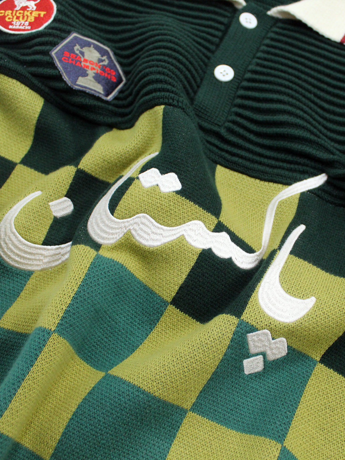 Club Patchwork Textured Knit Cricket Jersey: Green Checkered