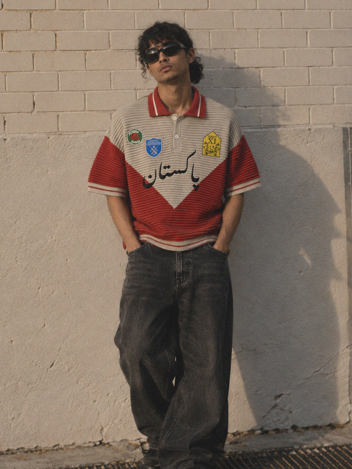 Club Patchwork Textured Knit Cricket Jersey: Red/Cream
