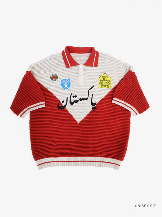 Club Patchwork Textured Knit Cricket Jersey: Red/Cream