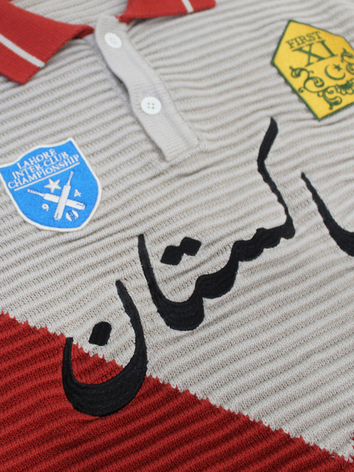 Club Patchwork Textured Knit Cricket Jersey: Red/Cream