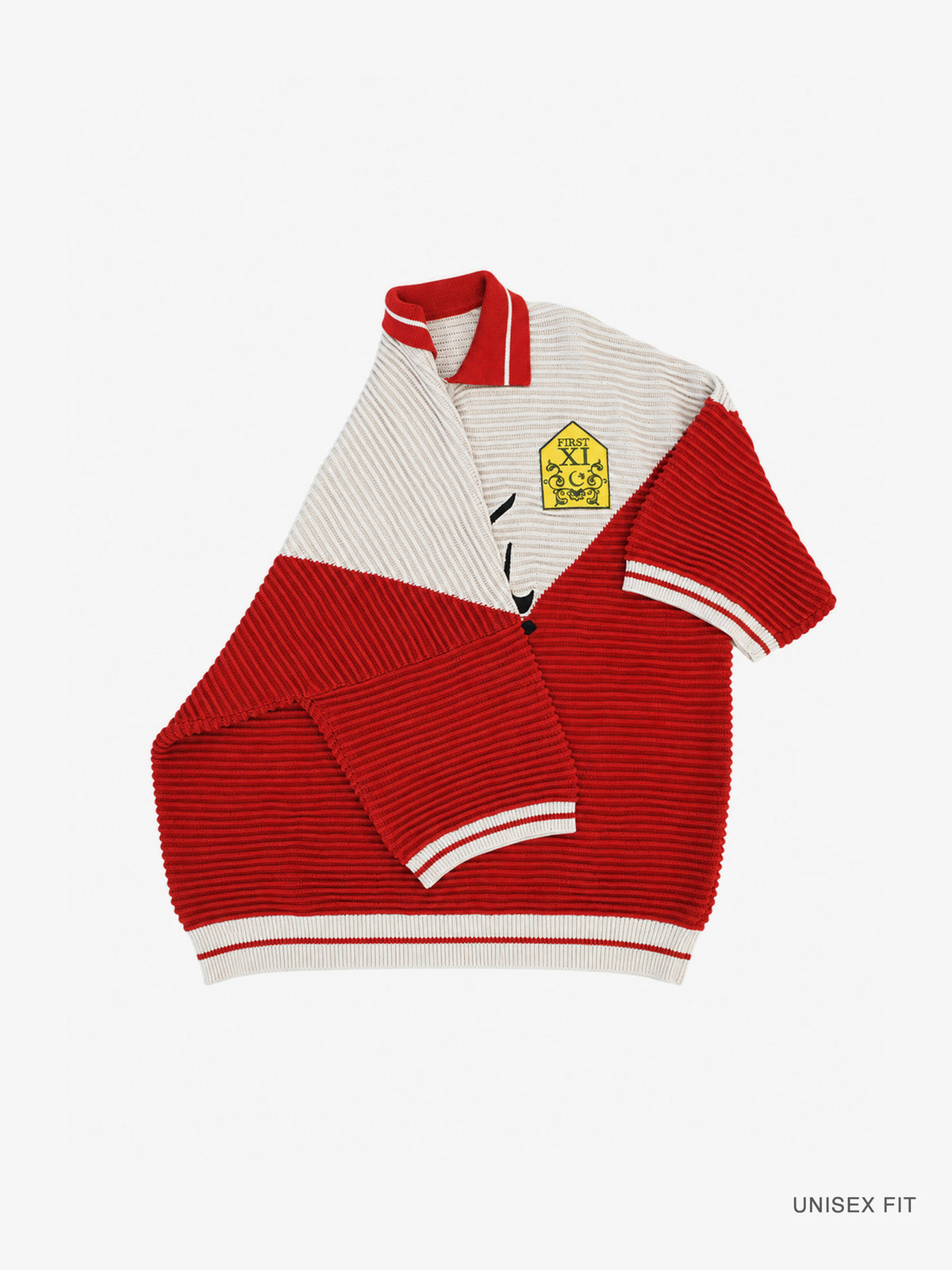 Club Patchwork Textured Knit Cricket Jersey: Red/Cream