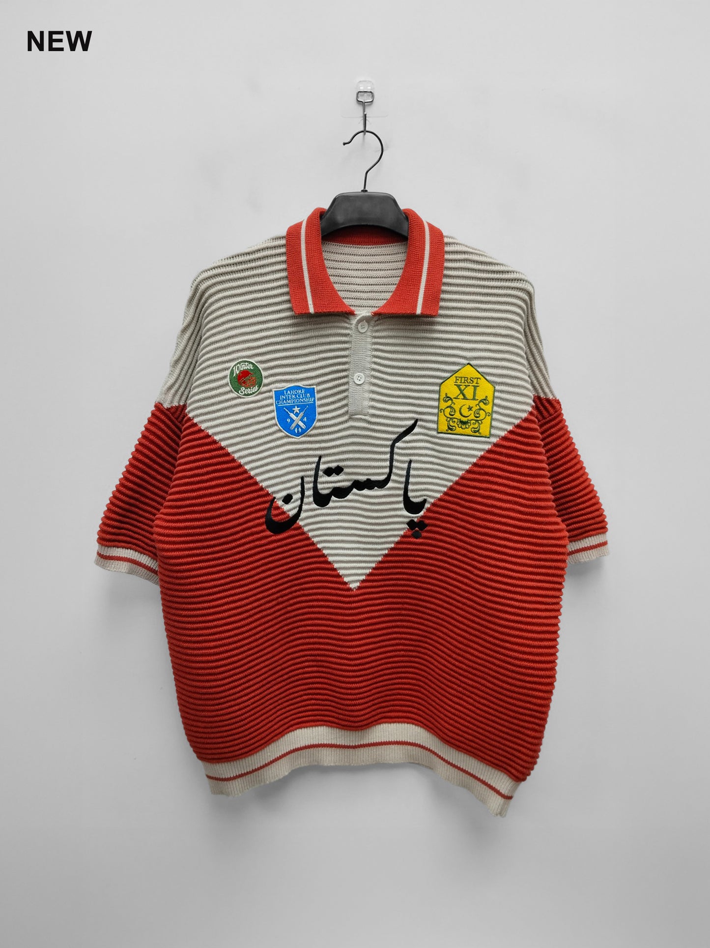 Club Patchwork Textured Knit Cricket Jersey: Red/Cream