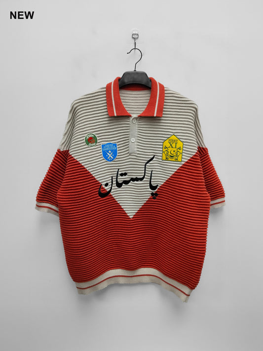 Club Patchwork Textured Knit Cricket Jersey: Red/Cream