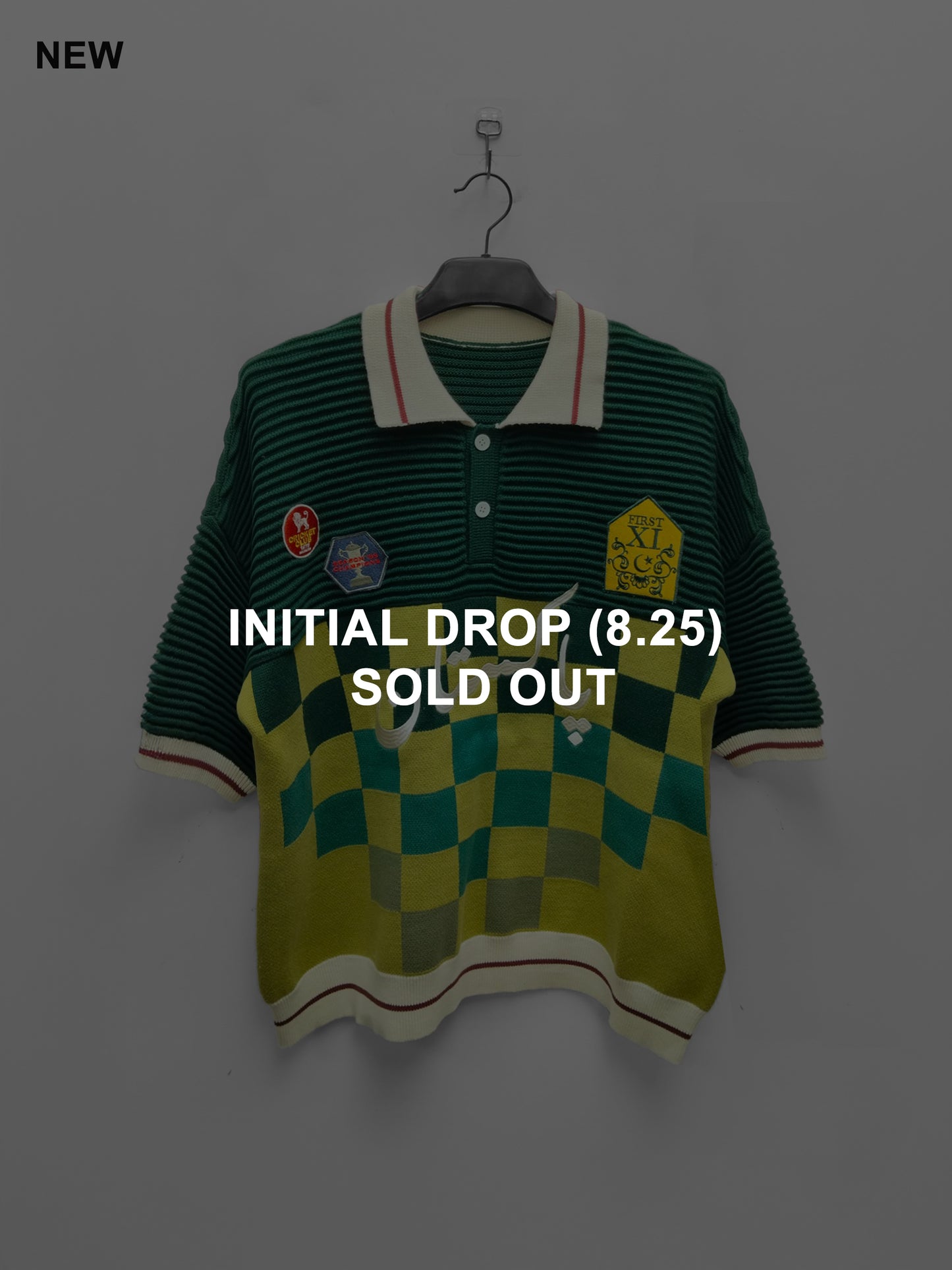 Club Patchwork Textured Knit Cricket Jersey: Green Checkered