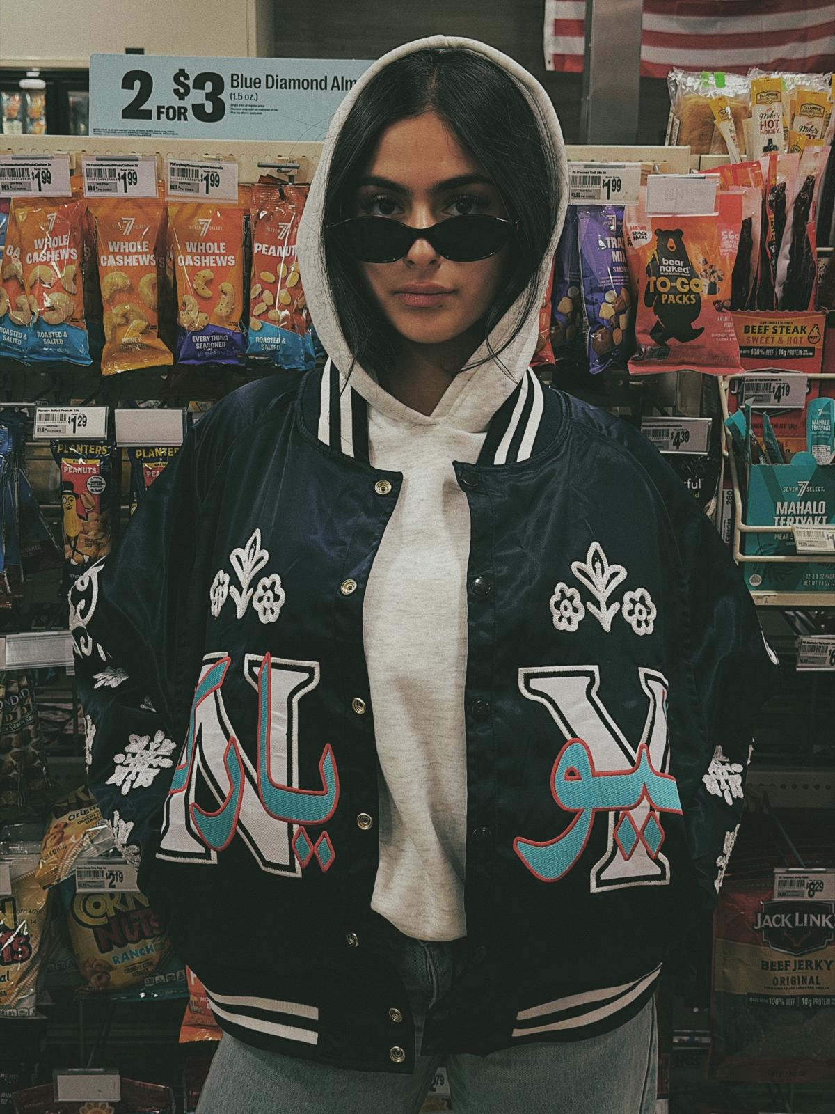 NY "Diaspora Yanks" Satin Baseball Jacket: Navy