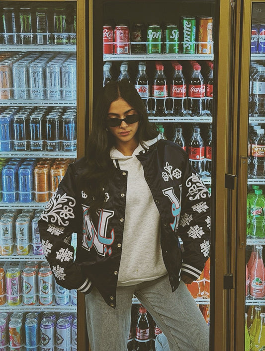 NY "Diaspora Yanks" Satin Baseball Jacket: Navy