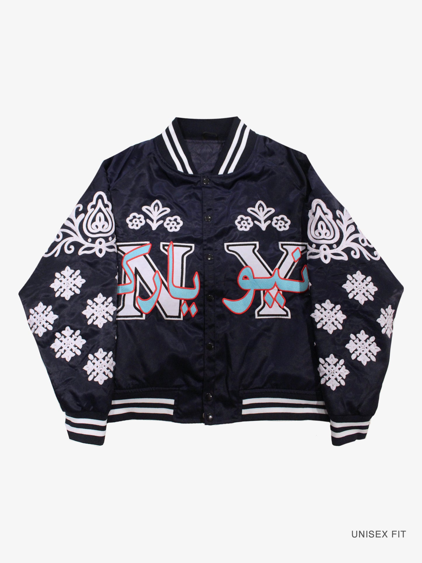 NY "Diaspora Yanks" Satin Baseball Jacket: Navy