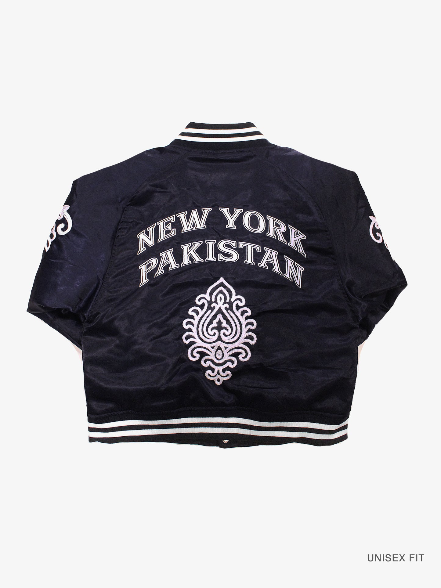 NY "Diaspora Yanks" Satin Baseball Jacket: Navy