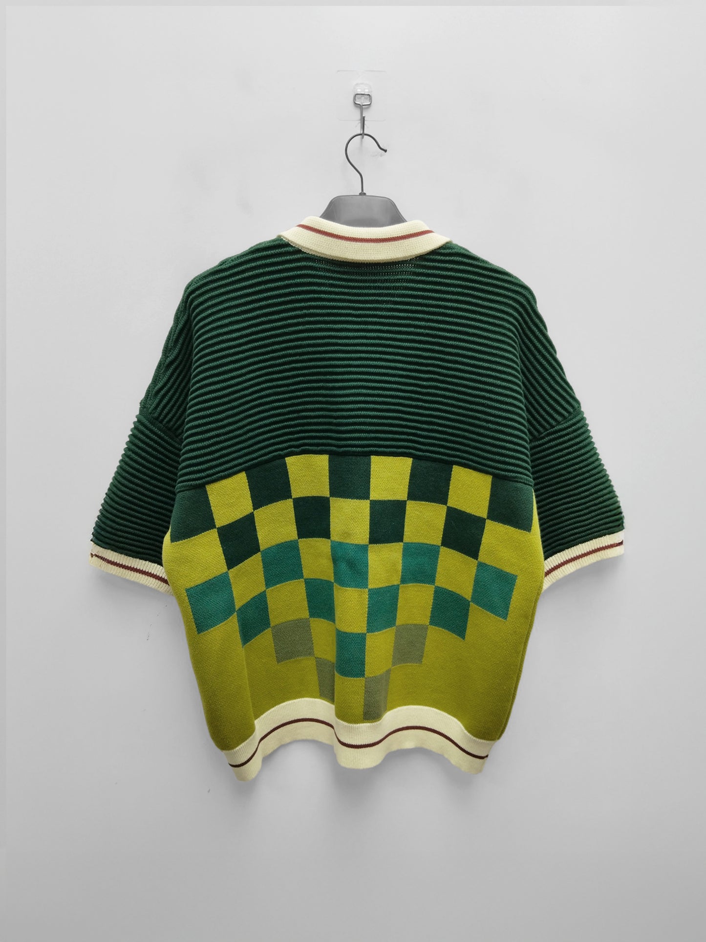 Club Patchwork Textured Knit Cricket Jersey: Green Checkered