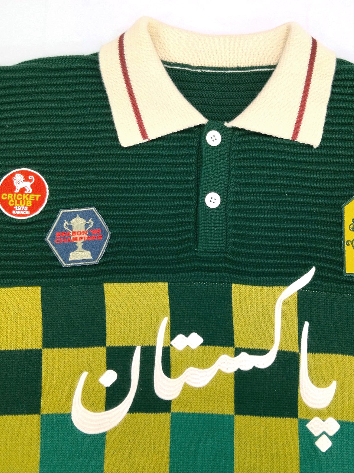 Club Patchwork Textured Knit Cricket Jersey: Green Checkered