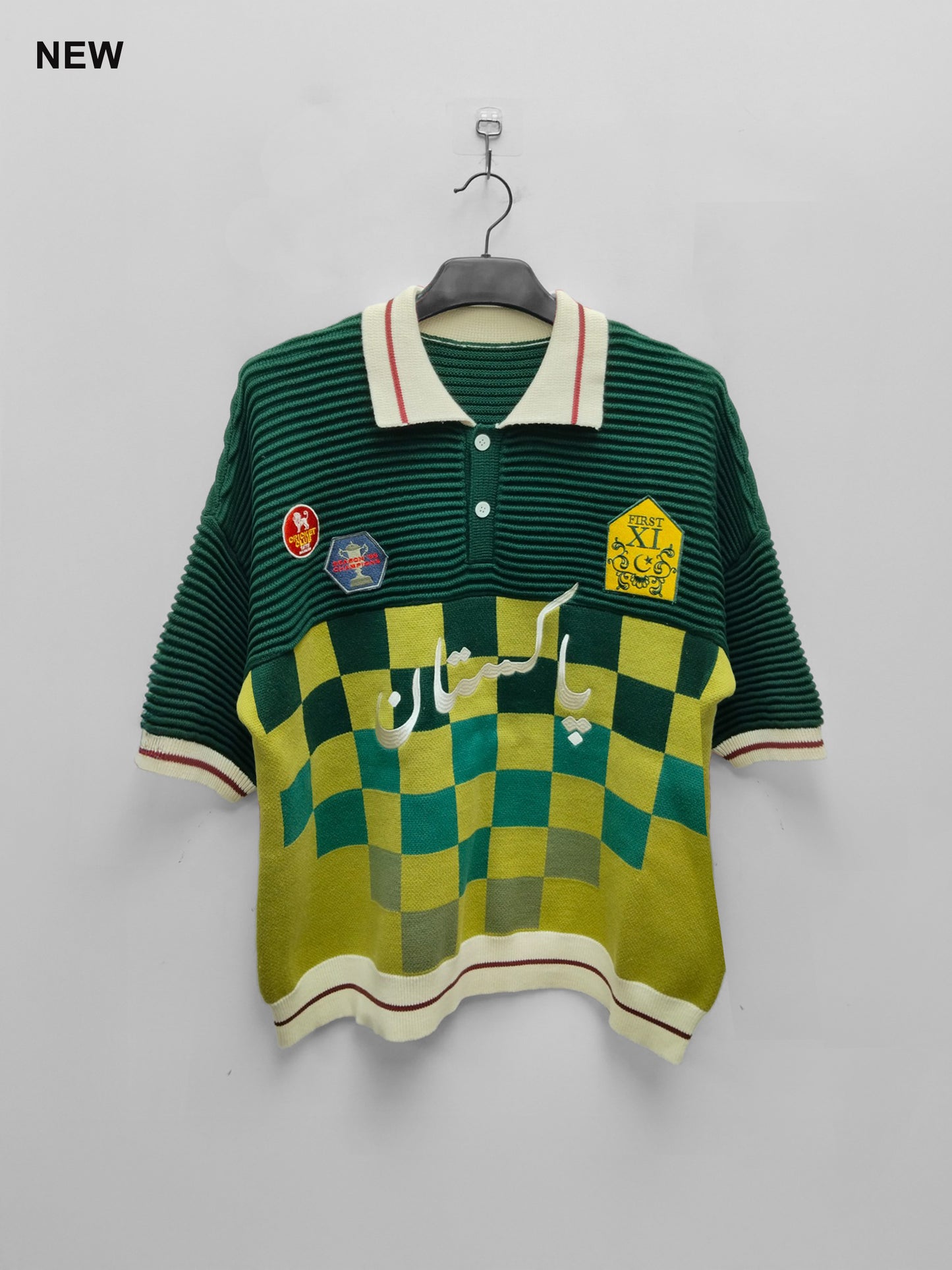Club Patchwork Textured Knit Cricket Jersey: Green Checkered
