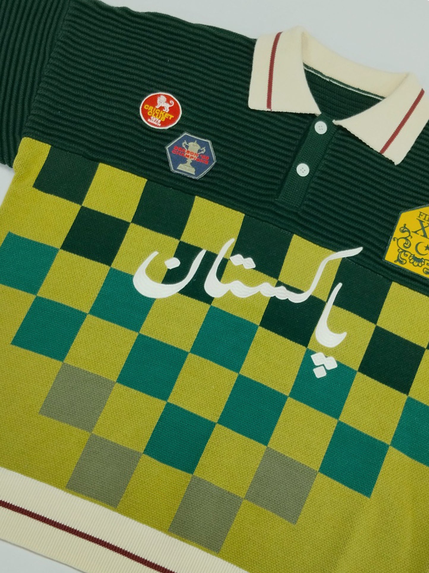 Club Patchwork Textured Knit Cricket Jersey: Green Checkered
