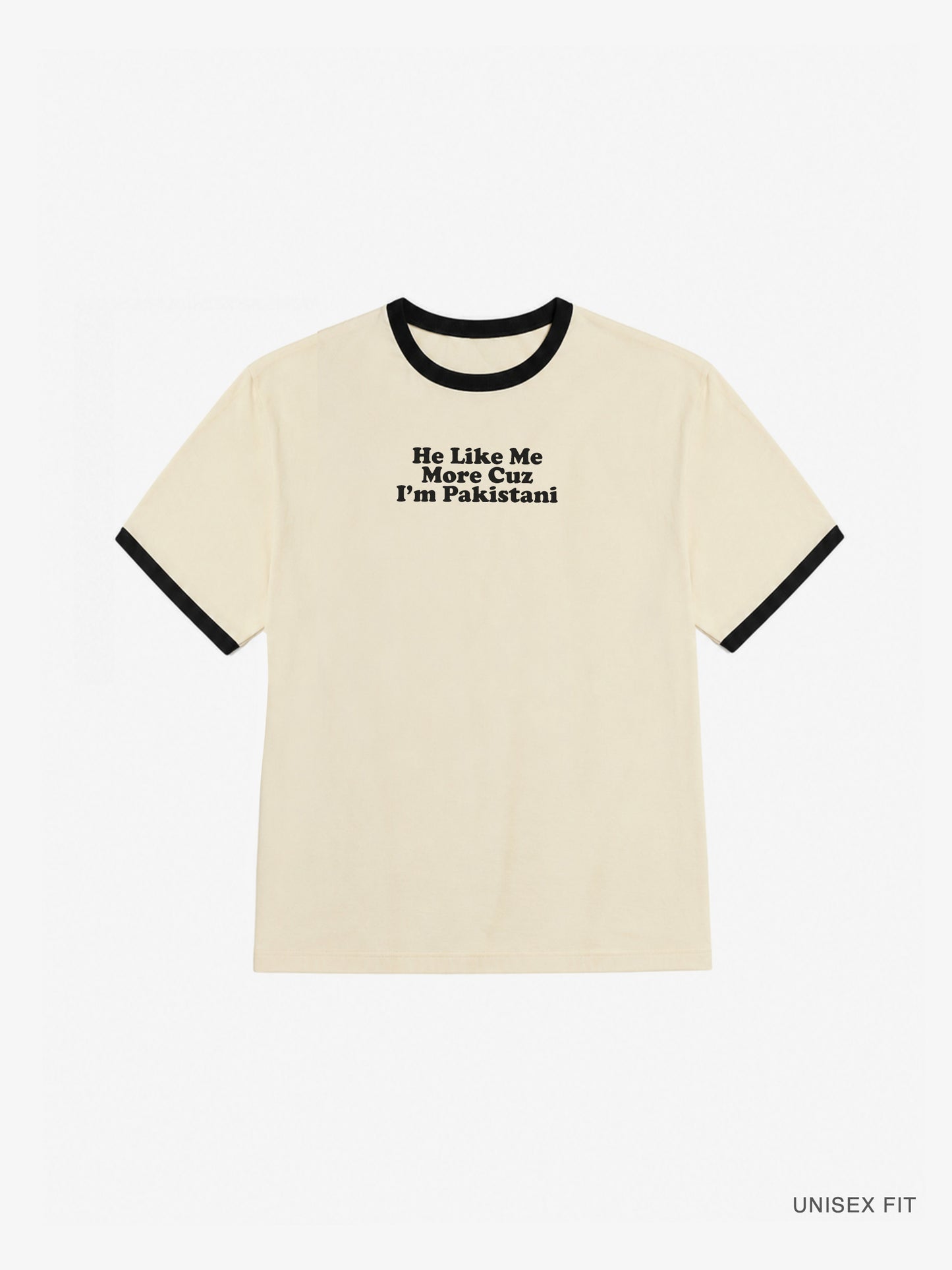 "He Like Me More" Ringer Tee: Cream/Black