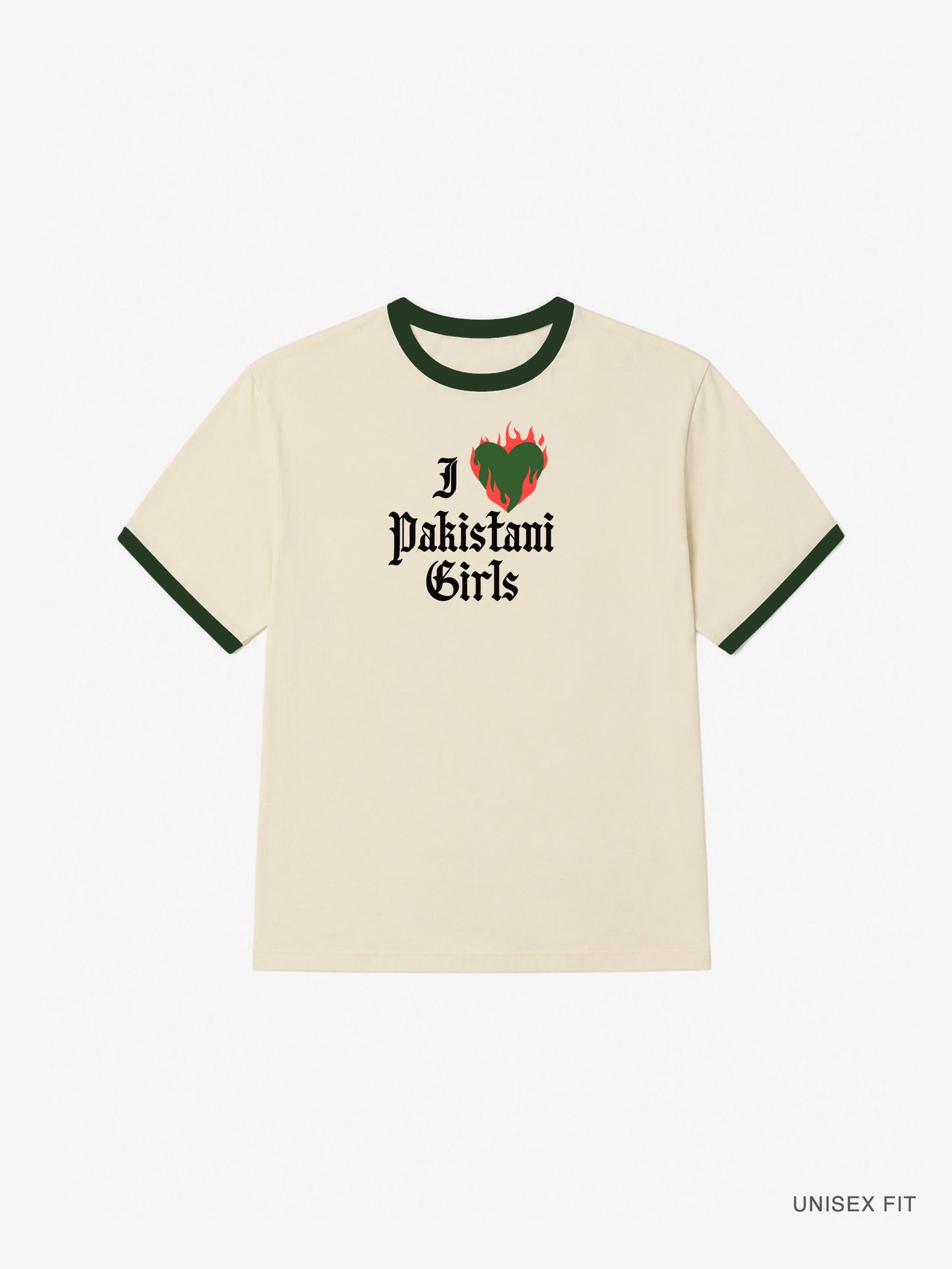 "I Luv Pakistani Girls" Ringer Tee: Cream/Green