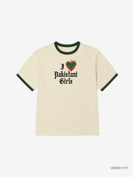 "I Luv Pakistani Girls" Ringer Tee: Cream/Green
