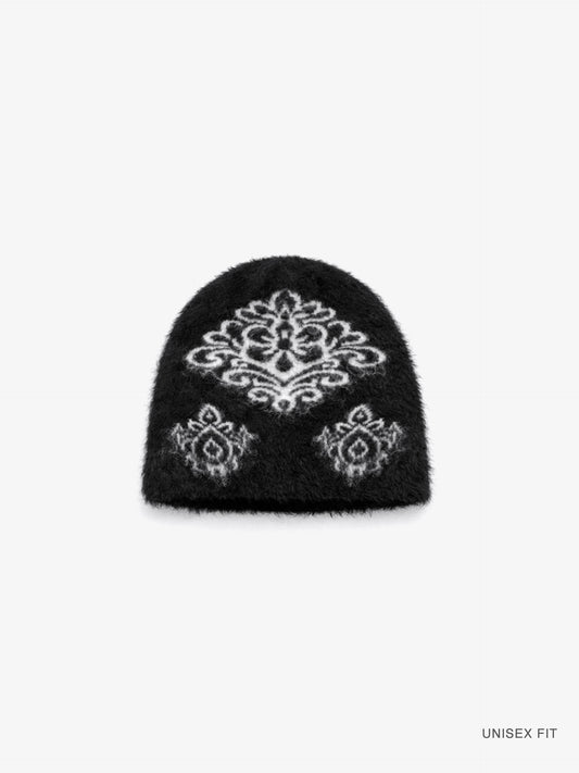 Fuzzy Mohair-Textured Knit Beanie: Motif 001