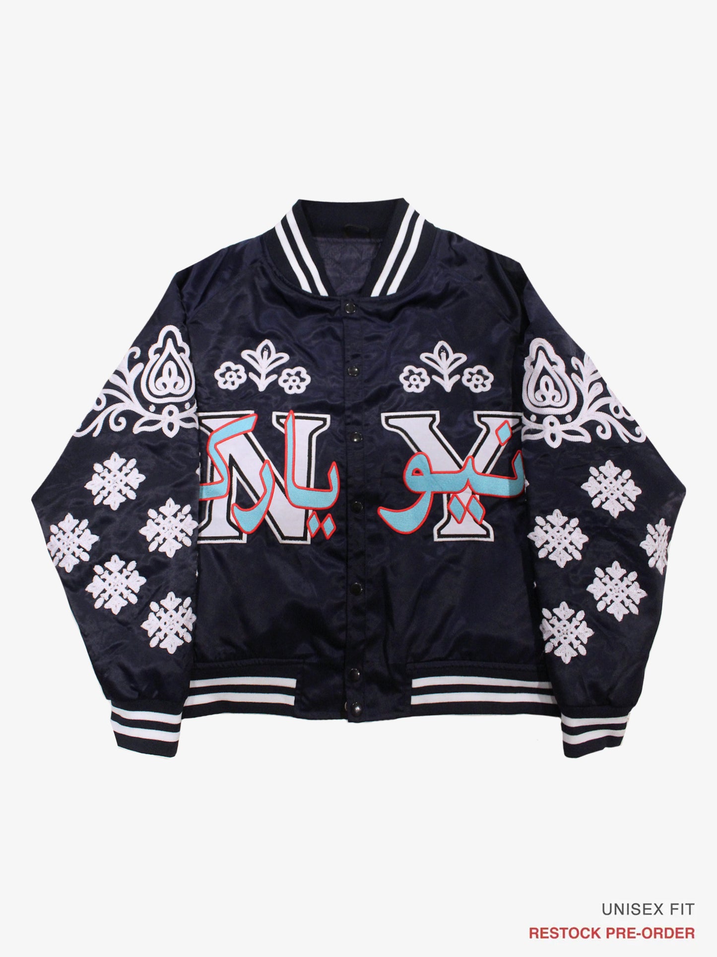NY "Diaspora Yanks" Satin Baseball Jacket: Navy | Restock Pre-Order
