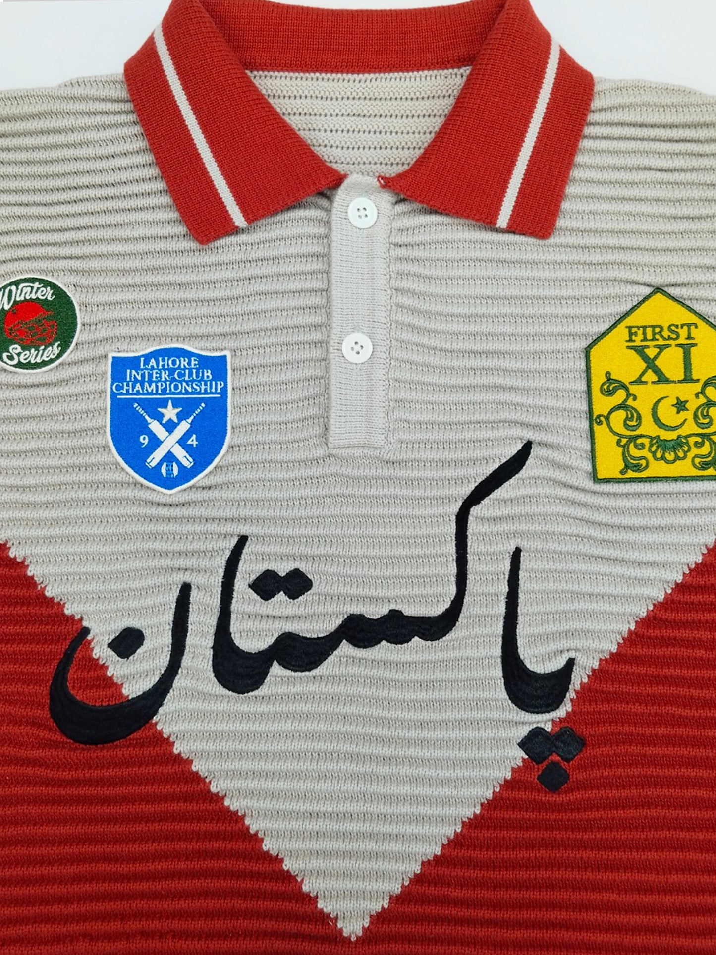 Club Patchwork Textured Knit Cricket Jersey: Red/Cream