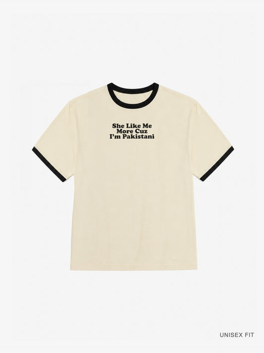 "She Like Me More" Ringer Tee: Cream/Black